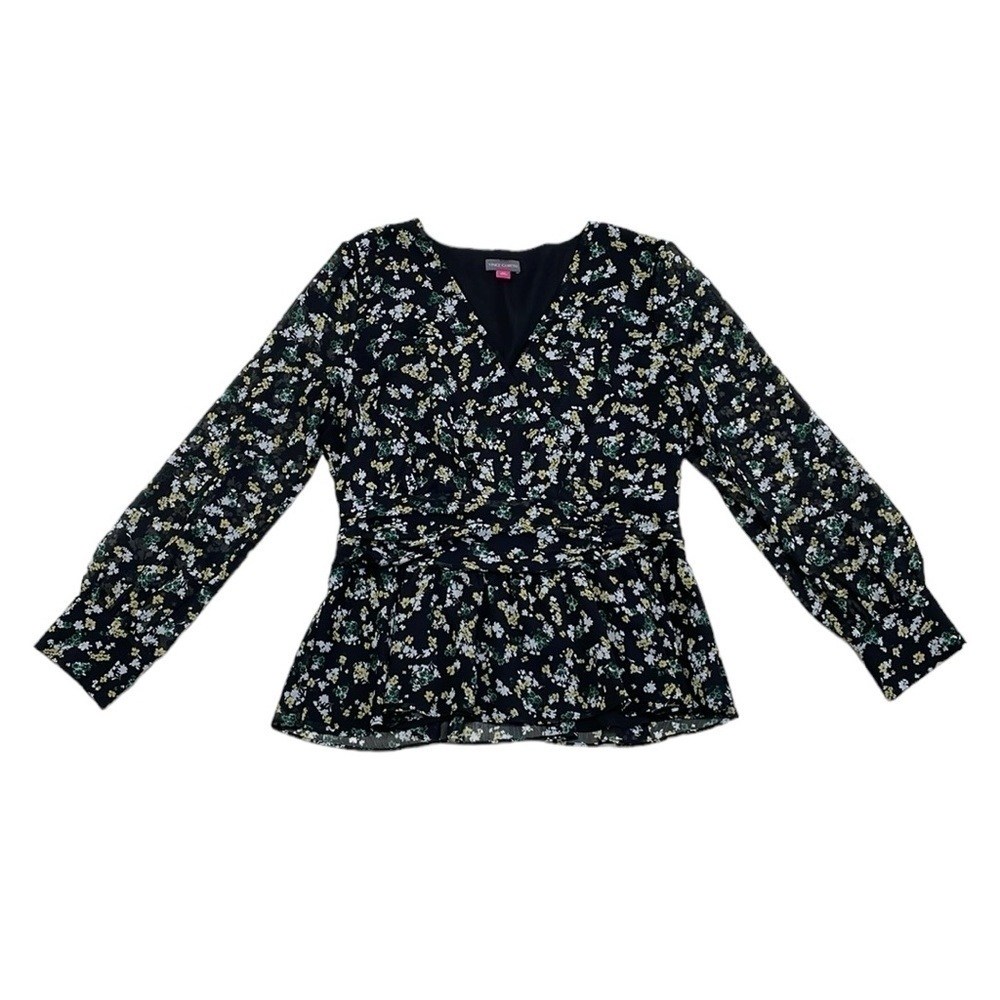 Vince Camuto Blouse Women's M Medium Black Floral Long Sleeve V-Neck Top Shirt - Picture 4 of 16